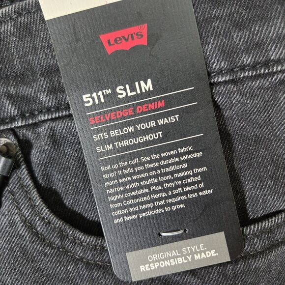 Levi’s Mens 29x32 Premium 511 Slim Fit Black Selvedge Cotton Hemp Jeans $128 - Picture 4 of 14